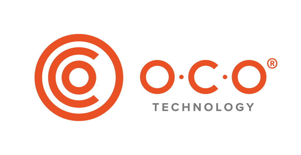 Logo of O.C.O Technology featuring concentric circles in orange and the text 'O.C.O' in orange followed by 'TECHNOLOGY' in gray.